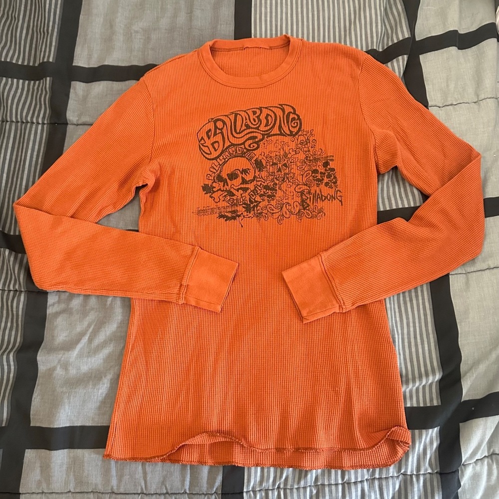 Vintage Billabong Men's Orange Skull Print Thermal Long Sleeve Size Medium